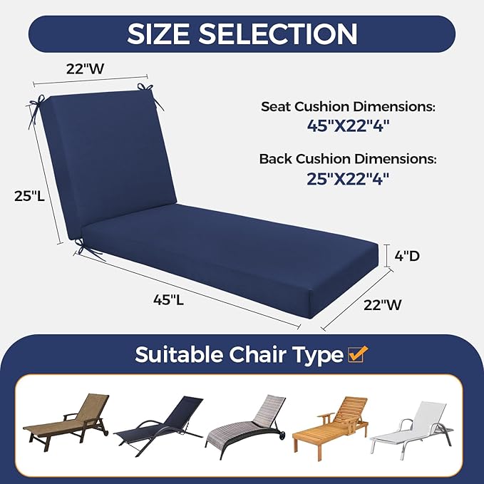 Outdoor Chaise Lounge Cushion - Waterproof & Fade Resistant Patio Lounger Cushions with Removable Cover for Pool, Deck, Lawn .70 x 22 x 4 Inch (Blue)