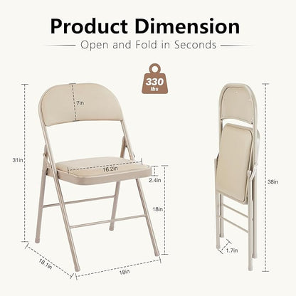 DUMOS 2 Pack Leather Padded Folding Chair, Indoor Outdoor Portable Stackable Commercial Seat with Steel Frame, Capacity for Home, Office, Party, Comfy, Kahki