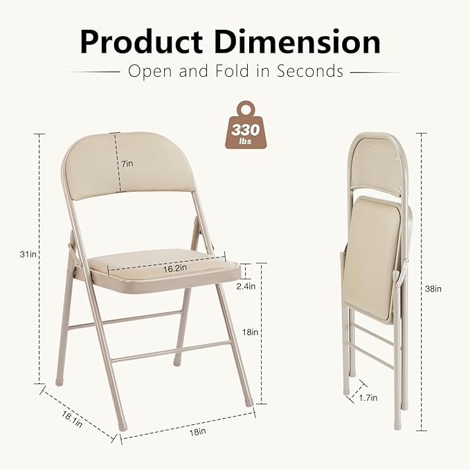 DUMOS 10 Pack Leather Padded Folding Chair, Indoor Outdoor Portable Stackable Commercial Seat with Steel Frame, Capacity for Home, Office, Party, Comfy, Kahki