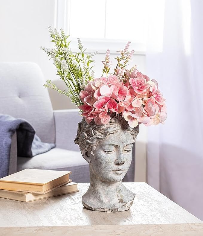 Abbott Collection Goddess Head Planter – Large Cement Indoor and Outdoor Planter Pot – Grecian Woman Statue Head Planter for Flowers and Succulents (Grey, 10" Tall, 4.5" Opening)