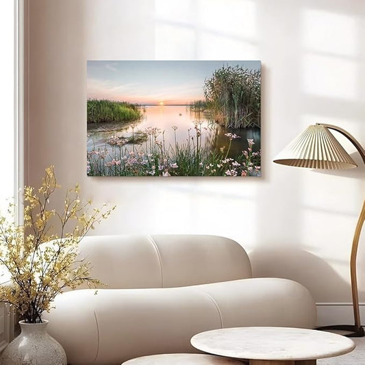 Hardy Gallery lake pictures wall decor artwork: scenic canvas wall art lake scene artwork nature scenery painting - sunset landscape prints for bedroom house 36"x24"