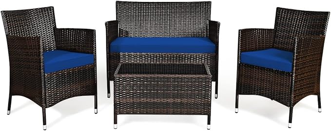 HAPPYGRILL 4 Pieces Patio Sofa Set Rattan Wicker Furniture Patio Conversation Set with Cushioned Sofa and Coffee Table for Outdoor Backyard Garden Poolside