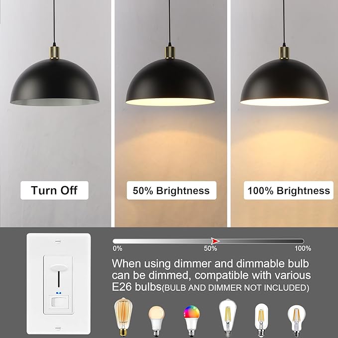 Black Pendant Light Fixtures 2 Pack, 15.7 Inch Large Dome Pendant Lighting Farmhouse Vintage Chandelier for Kitchen Island Dining Room