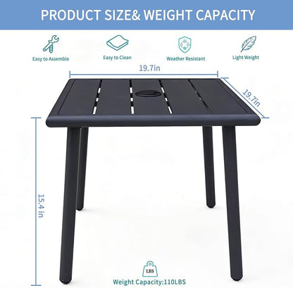 Small Metal Outdoor Side Table with Umbrella Hole, Sqaure Patio Coffee Bistro Table End Table, Umbrella Table with Hole for Poolside Backyard Porch Deck Balcony,19.7x19.7 inches, Black
