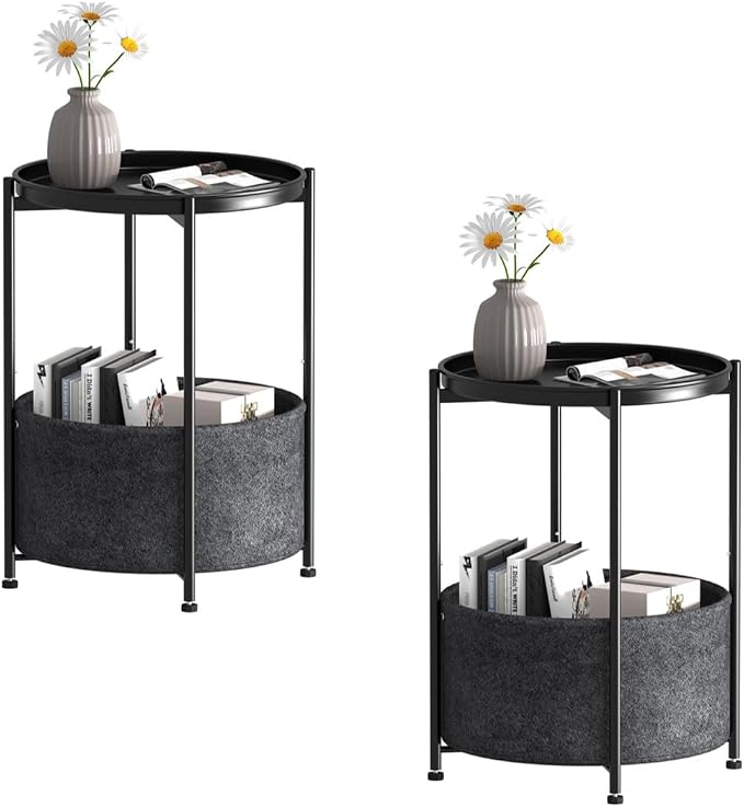 Garden 4 you Small Side Table, Mini Round End Table, Black Tray Table with Fabric Storage Basket, Modern Nightstand for Living Room, Bedroom, Patio, Small Space, 2pcs