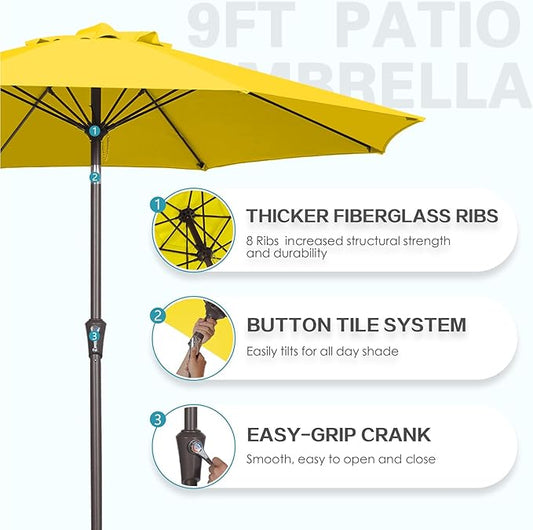 PatioKingdom 9FT Patio Outdoor Umbrella-UPF 50+ Sun Shade with Wind Vent, Push-Button Tilt & Smooth Crank Lift, Rust-Resistant Fiberglass Frame for Garden, Backyard,Yard (Yellow, 9FT)