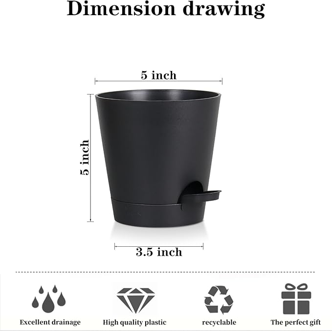 5 Pack 5 Inch African Violet Pots Self Watering, Self-Watering Planters with Drainage Holes & Reservoir, Black Plastic Pots for Indoor Outdoor Plants, Succulents & Flowers