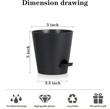 5 Pack 5 Inch African Violet Pots Self Watering, Self-Watering Planters with Drainage Holes & Reservoir, Black Plastic Pots for Indoor Outdoor Plants, Succulents & Flowers