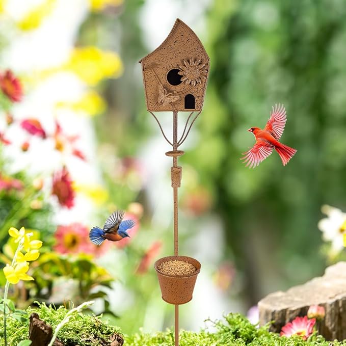 49" Bird Houses for Outside with Pole, Outdoor Metal Birdhouse with Tapered Bucket for Patio, Yard, Garden, Rust-Colored