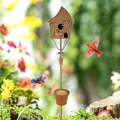 49" Bird Houses for Outside with Pole, Outdoor Metal Birdhouse with Tapered Bucket for Patio, Yard, Garden, Rust-Colored