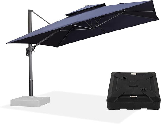 PURPLE LEAF 12ft Patio Umbrella with Base Large Outdoor Square Umbrella Deluxe Hanging Double Top Cantilever Offset Market Umbrella Windproof Garden Umbrella Navy