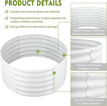 FORTUNO 2 Pcs 17" Tall 4 Ft Round Raised Garden Bed Box Galvanized Metal Outdoor High Flower Bed Steel Patio Ground Planter for Planting Vegetables and Herbs, White