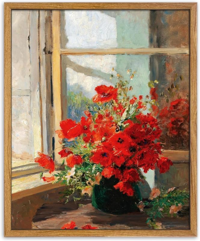 UPWOIGH 16x24 in Large Framed Wall Art, Red Poppies by the Window Oil Painting Canvas, Vintage Farmhouse Rustic Decor, Red Flowers Print, Antique Wall Decor for Living Room Bedroom, 1 Pack Gift