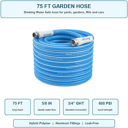 FEVONE 75 ft x 5/8 in Garden Hose, Drinking Water Safe Flexible Water Hose, Heavy Duty Hybrid Polymer Hose, Kink-Resistant, 3/4 in GHT Aluminum Fittings, Leak-Free, 600 PSI