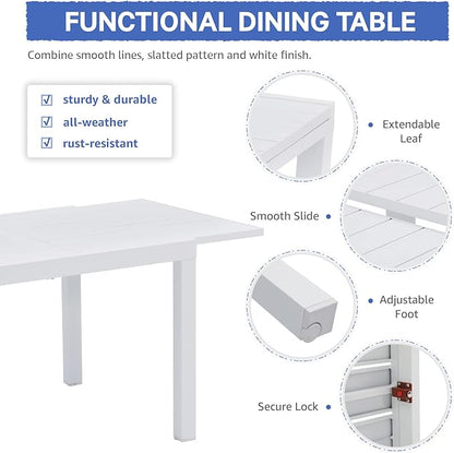 Soleil Jardin 9-Piece Outdoor Patio Dining Set, 59" - 83" Aluminum Expandable Outdoor Dining Table Set for 8, 8 Stackable Chairs with Gray Removable Cushions, White