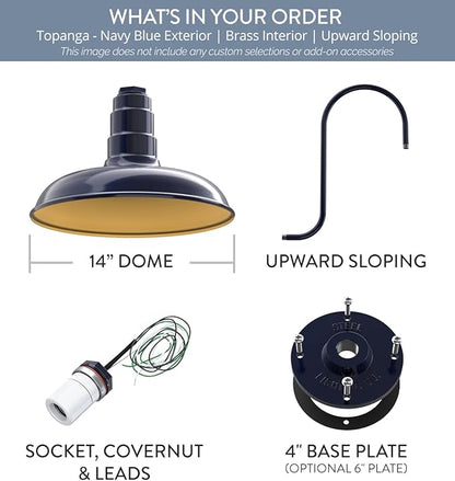 Steel Lighting Co. Topanga Barn Light | Outdoor Wall Mounted | 14 inch Dome | Upward Sloping Gooseneck | Farmhouse Garage Light Made in America | Navy Blue Exterior/Brass Interior