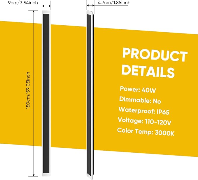 1-Pack 59inch Modern Outdoor Wall Lights, LED Wall Light Outdoor Lights Fixture for Patio Wall Mount, IP65 Waterproof Black Outside Lights for House, Garage, Porch (3000k)