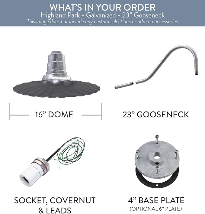 Steel Lighting Co. Highland Park Barn Light | Outdoor Wall Mounted | 16 inch Radial Wave | 23 inch Gooseneck | Vintage Style Made in America | Galvanized Exterior/Galvanized Interior