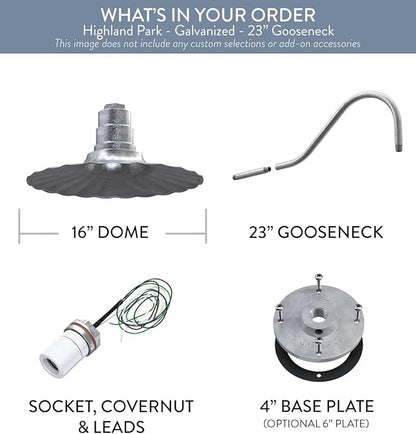 Steel Lighting Co. Highland Park Barn Light | Outdoor Wall Mounted | 16 inch Radial Wave | 23 inch Gooseneck | Vintage Style Made in America | Galvanized Exterior/Galvanized Interior