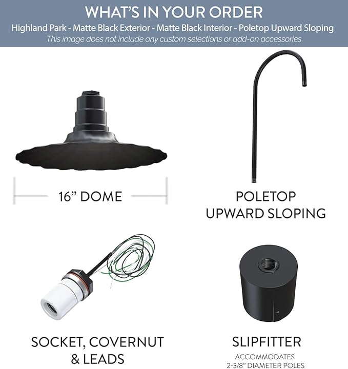 Steel Lighting Co. Highland Park Light | Pole Top Mounted | 16" Radial Wave | Upslope Gooseneck with Slip Fitter for 2-3/8" Standard Poles | Made in America | Matte Black Exterior/Matte Black Interior