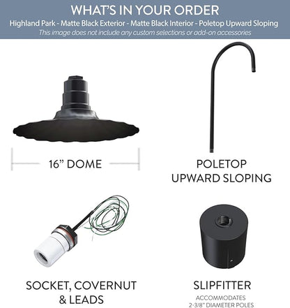 Steel Lighting Co. Highland Park Light | Pole Top Mounted | 16" Radial Wave | Upslope Gooseneck with Slip Fitter for 2-3/8" Standard Poles | Made in America | Matte Black Exterior/Matte Black Interior
