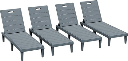 Greesum Outdoor Chaise Lounge Chairs Set of 4 with 5-Position Adjustable Backrest, Waterproof PP Sun Loungers for Garden Pool Beach Patio Deck Sunbathing, Grey