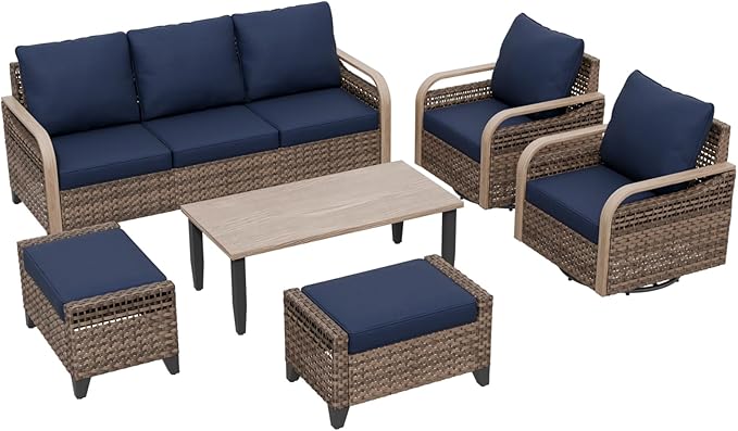 COOS BAY Modern Wicker Outdoor Furniture Set, Patio Conversation Set with Swivel Rockers, 3 Seat Couch, Ottomans, and Coffee Table, 6 Piece, Brown/Blue