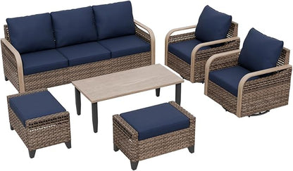 COOS BAY Modern Wicker Outdoor Furniture Set, Patio Conversation Set with Swivel Rockers, 3 Seat Couch, Ottomans, and Coffee Table, 6 Piece, Brown/Blue