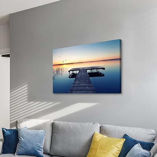 Hardy Gallery lake wall art pier picture: scenic nature canvas wall art lake scene artwork dock scenery wall decor painting - sunset landscape prints for bedroom house 36"x24"