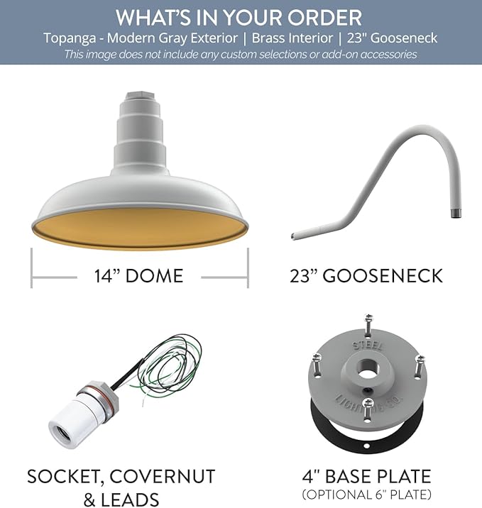 Steel Lighting Co. Topanga Barn Light | Outdoor Wall Mounted | 14 inch Dome | 23" Gooseneck | Farmhouse Garage Light Made in America | Modern Gray Exterior/Brass Interior