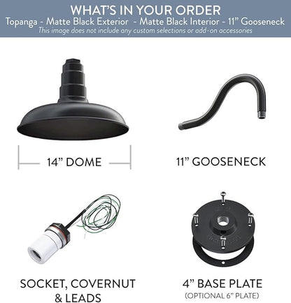 Steel Lighting Co. Topanga Barn Light | Outdoor Wall Mounted | Farmhouse Garage Light Made in America | 14 inch Dome | 11 inch Gooseneck | Matte Black Exterior/Matte Black Interior