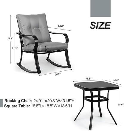 Oakcloud Oakmont Outdoor Furniture 3 Piece Conversation Bistro Set Rocking Chairs and Glass Top Table, Thick Cushions, Black Steel (Grey)