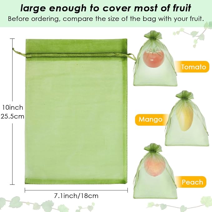 Shintop 100PCS Fruit Protection Bags, 7x10 Inch Green Mesh Fruit Tree Bags Drawstring Garden Netting Cover Pest Barrier for Apples, Mango, Tomatoes