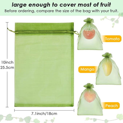 Shintop 100PCS Fruit Protection Bags, 7x10 Inch Green Mesh Fruit Tree Bags Drawstring Garden Netting Cover Pest Barrier for Apples, Mango, Tomatoes