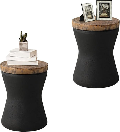 HOMPUS Outdoor Concrete Side Table Sets of 2, 2 Pieces Black Round Patio End Table, Small Outdoor Accent Table, Hourglass Shaped Garden Stool for Paito, Outside, Black