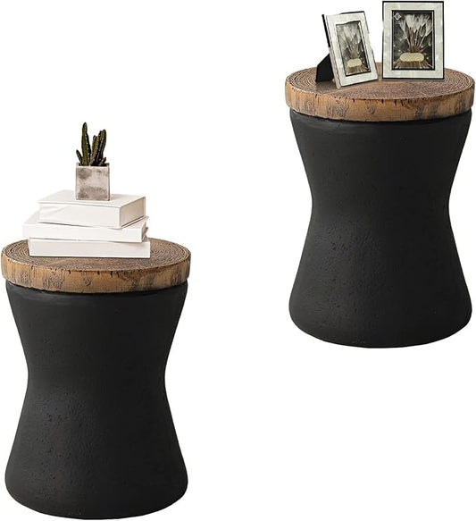 HOMPUS Outdoor Concrete Side Table Sets of 2, 2 Pieces Black Round Patio End Table, Small Outdoor Accent Table, Hourglass Shaped Garden Stool for Paito, Outside, Black