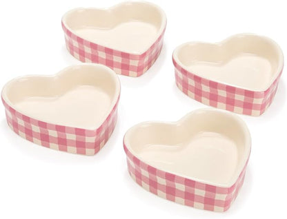 Paris Hilton Heart Shaped Ramekins Oven Safe, 4-Piece Mini Ceramic Ramekin Set, Stoneware Baking Dishes, Microwave, Dishwasher & Freezer Safe, Gingham Design, 3-Ounce, Pink