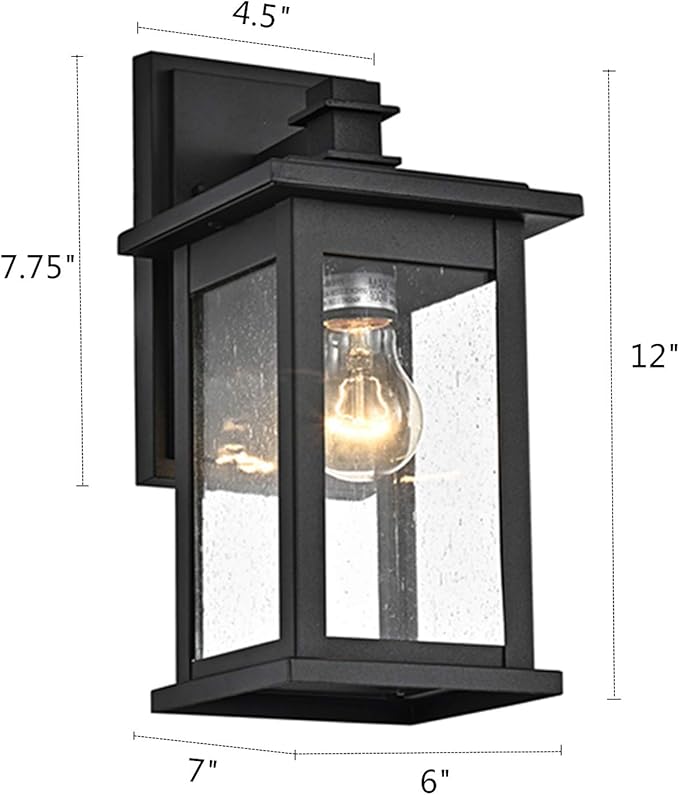 MICSIU 2 Pack Outdoor Wall Sconce, 12 Inch Black Exterior Light Fixtures with Clear Seedy Glass, Metal Outside Lights for House, Porch, Garage.