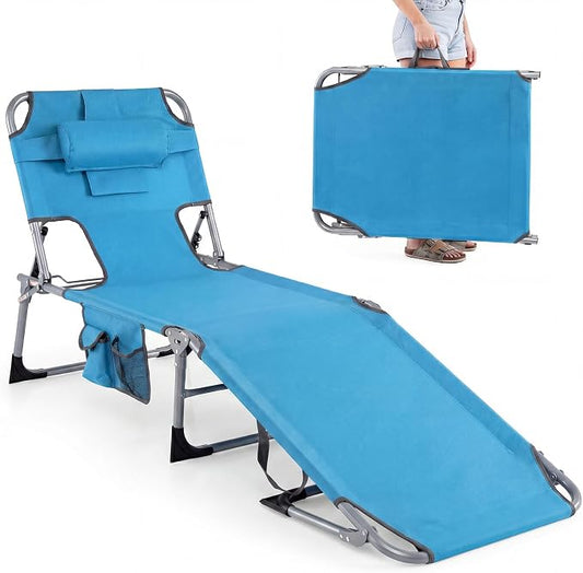 GYMAX Tanning Chair with Face Hole, Sun Bathing Lounge Chairs for Outside with Side Pocket, Folding Portable Face Down Layout Tanning Chair Beach, Backyard, Poolside, Lawn (Blue,1)