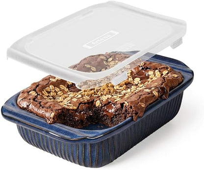 Artena Baking Dish 2.3 Quarts, Casserole Dishes For Oven, Baking Pan With Handles, Lasagna Pan Deep, Large Casserole Dish, Rectangular Ceramic Bakeware (Blue, With Lid)