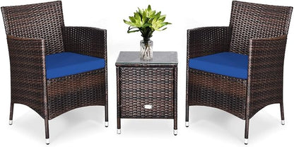 COSTWAY 3 PCS Patio Furniture Set, Outdoor Wicker Conversation Set with Tempered Glass Coffee Table, Seat Cushions, Rattan Wicker Chairs for Poolside Balcony Porch Backyard, Navy