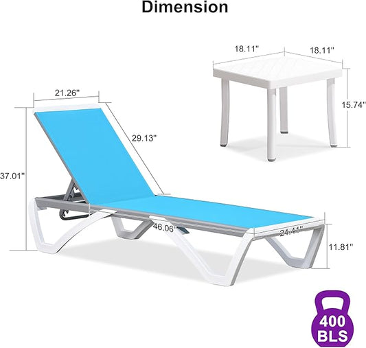 PURPLE LEAF Patio Chaise Lounge Chair Set Outside Aluminum Plastic Stackable Tanning Chairs with Side Table for Pool Sunbathing Beach Deck Outdoor Lounger, Turquoise Blue