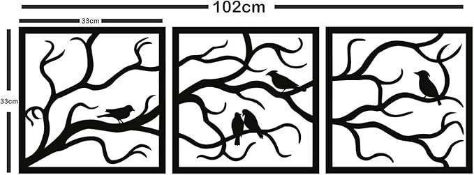 Metal Wall Art, Birds on Branch 3 Pieces, Tree Wall Art, Tree Sign, Wall Decor, Interior and Outdoor Decoration, 3 Panels Wall Hangings (40"W x 13"H / 102x33cm)