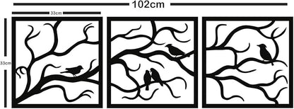 Metal Wall Art, Birds on Branch 3 Pieces, Tree Wall Art, Tree Sign, Wall Decor, Interior and Outdoor Decoration, 3 Panels Wall Hangings (40"W x 13"H / 102x33cm)