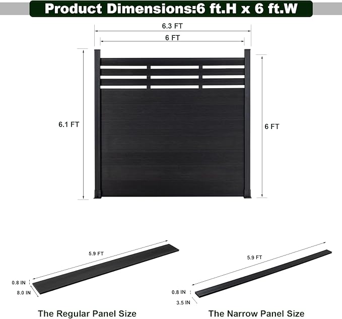 Mondaria Semi-Closed Privacy Fence Panels with 1 Post for Outside, 6ft(W) x 6ft(H), Wind Resistant Wood Plastic Composite Fencing Panels for Patio, Backyard, Garden and Pool, Black