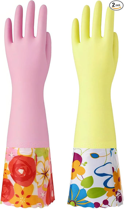 Bamllum 2 Pairs Rubber Cleaning Gloves, Household Kitchen Dishwashing Gloves with Cotton Flocked Liner, Long Cuff 16 Inches (Yellow+Pink, Large)