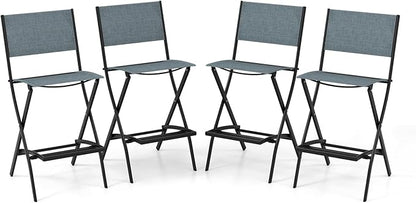 COSTWAY Outdoor Patio Bar Chair Set of 4, Folding Bar Height Stool with Metal Frame & Footrest, Patio Bar Stool for Balcony, Garden & Poolside (4, Blue)