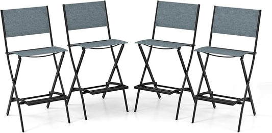 COSTWAY Outdoor Patio Bar Chair Set of 4, Folding Bar Height Stool with Metal Frame & Footrest, Patio Bar Stool for Balcony, Garden & Poolside (4, Blue)