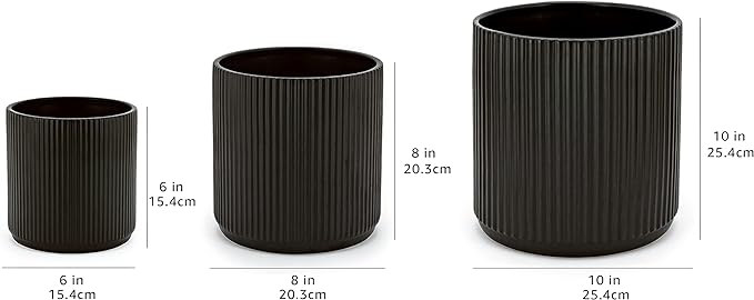Amazon Basics Assorted Sizes Fluted Ceramic Round Planters, Set of 3, 6 inch, 8 inch, 10 inch, Black