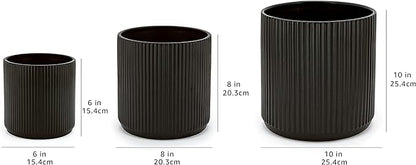 Amazon Basics Assorted Sizes Fluted Ceramic Round Planters, Set of 3, 6 inch, 8 inch, 10 inch, Black